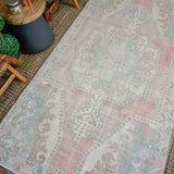 4’4 x 8’ Oushak Rug Pink, Blue and Cream Vintage Turkish Carpet '3101