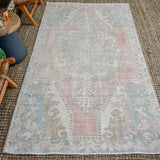 4’4 x 8’ Oushak Rug Pink, Blue and Cream Vintage Turkish Carpet '3101