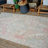 4’4 x 8’ Oushak Rug Pink, Blue and Cream Vintage Turkish Carpet '3101
