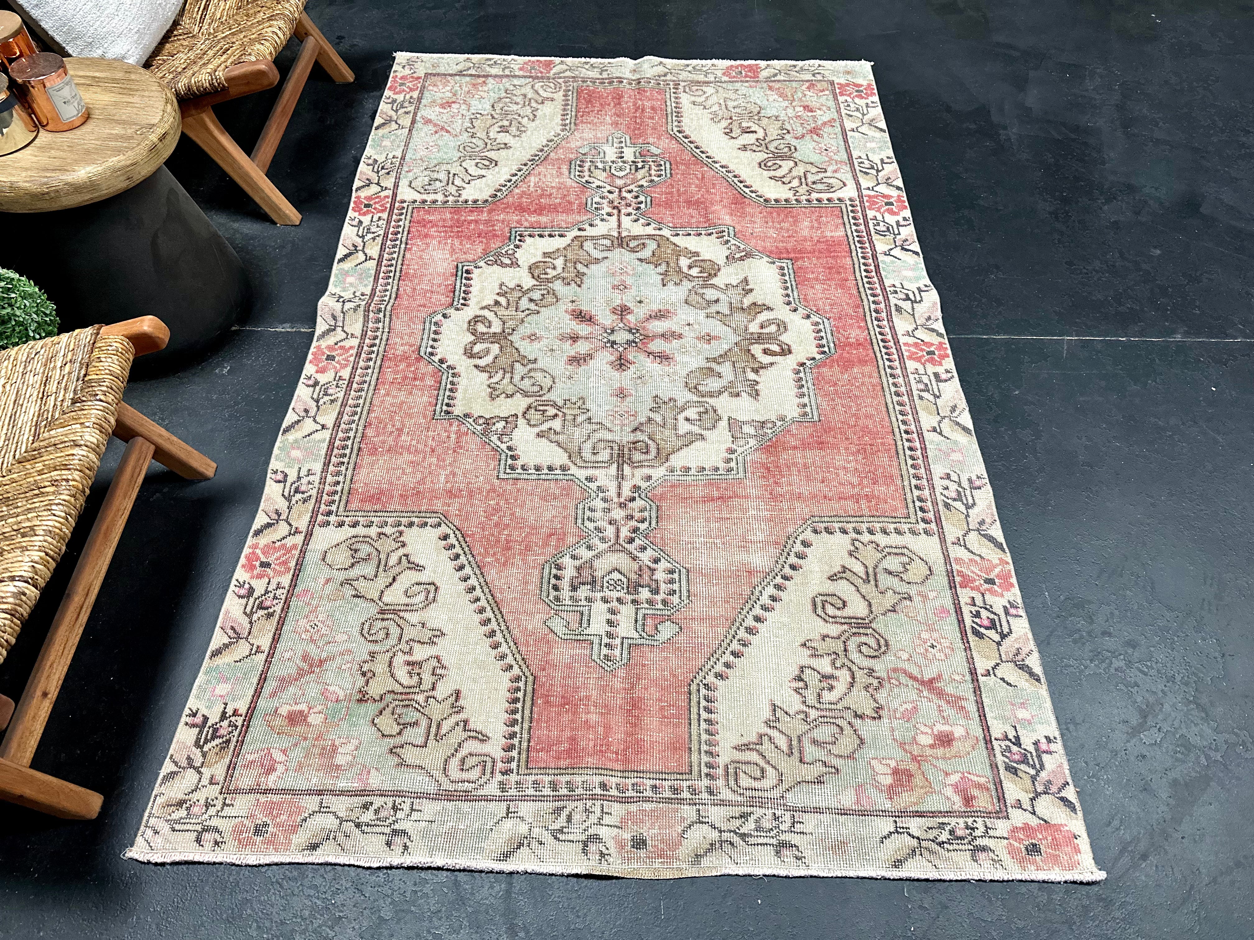 4’6 x 7’1 Vintage Turkish Oushak Carpet Muted Red & Sea Foam