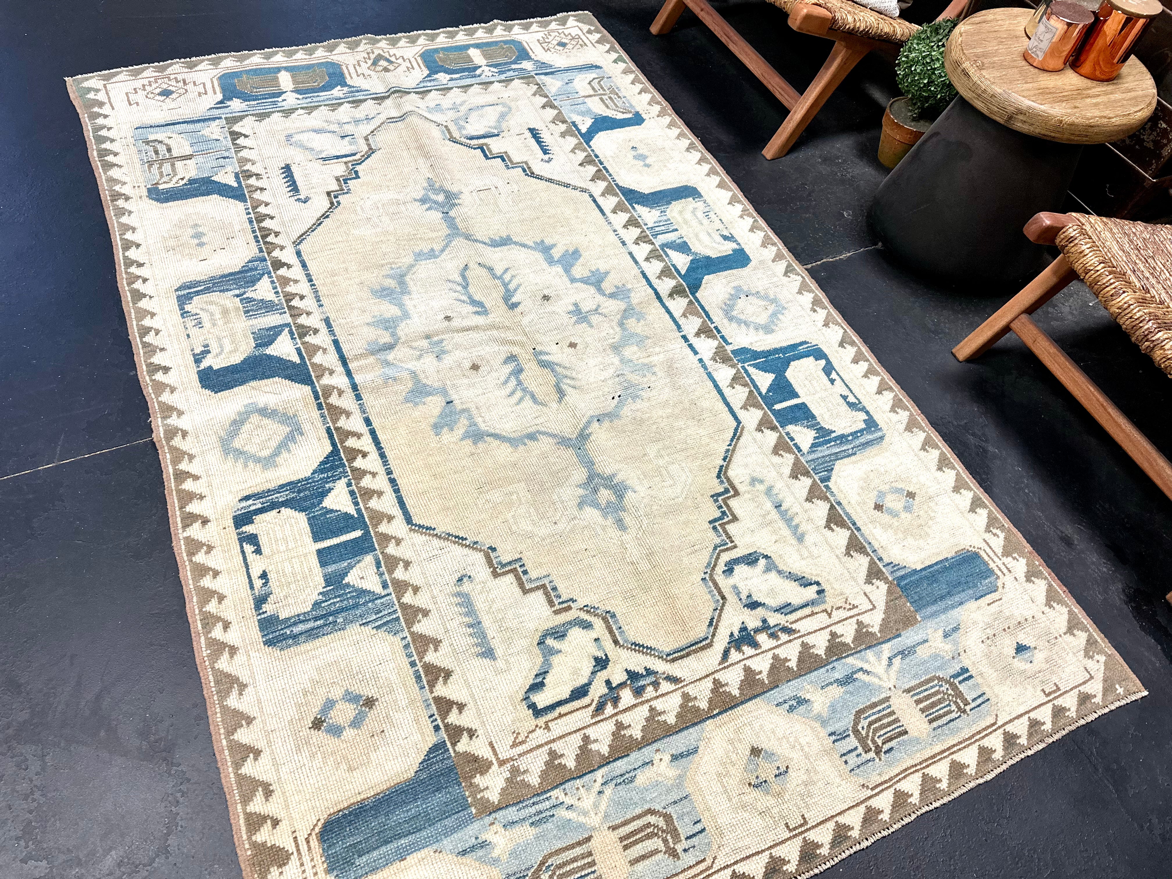 4’6 x 7’2 Vintage Turkish Milas Rug Sky + Denim Blue, Cream & Brown