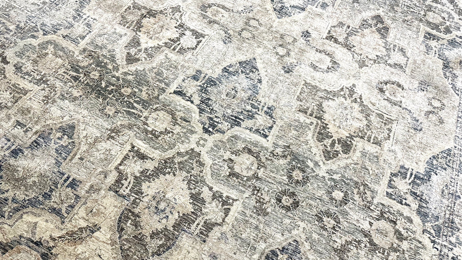 12’2 x 16’3 Distressed Silk 17th Century Persian Design Tibetan Rug Slate, Blue, Sea Foam & Gray