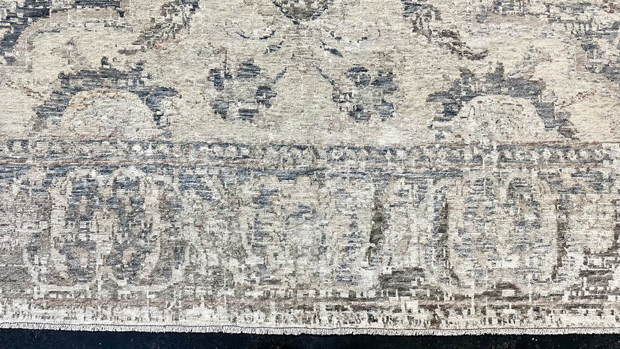 12’2 x 16’3 Distressed Silk 17th Century Persian Design Tibetan Rug Slate, Blue, Sea Foam & Gray
