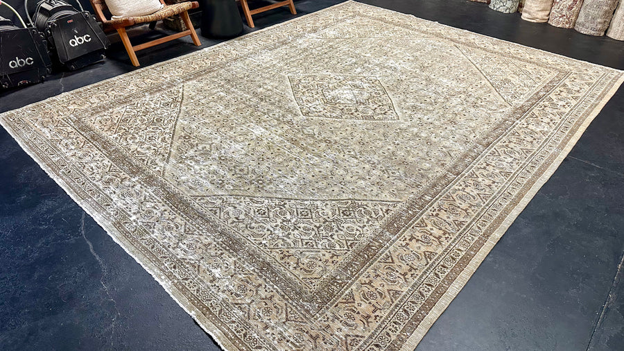 9’7  x 12’6 Classic Vintage Rug Muted Gray, Warm Beige, Brown + Green