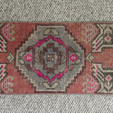 1’4 x 3’1 Vintage Oushak Rug Muted Brick, Fuschia & Periwinkle