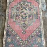 1’8 x 3’3 Vintage Turkish Oushak Rug Muted Red, Gray + Camel Gold