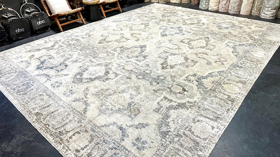 12’2 x 16’3 Distressed Silk 17th Century Persian Design Tibetan Rug Slate, Blue, Sea Foam & Gray