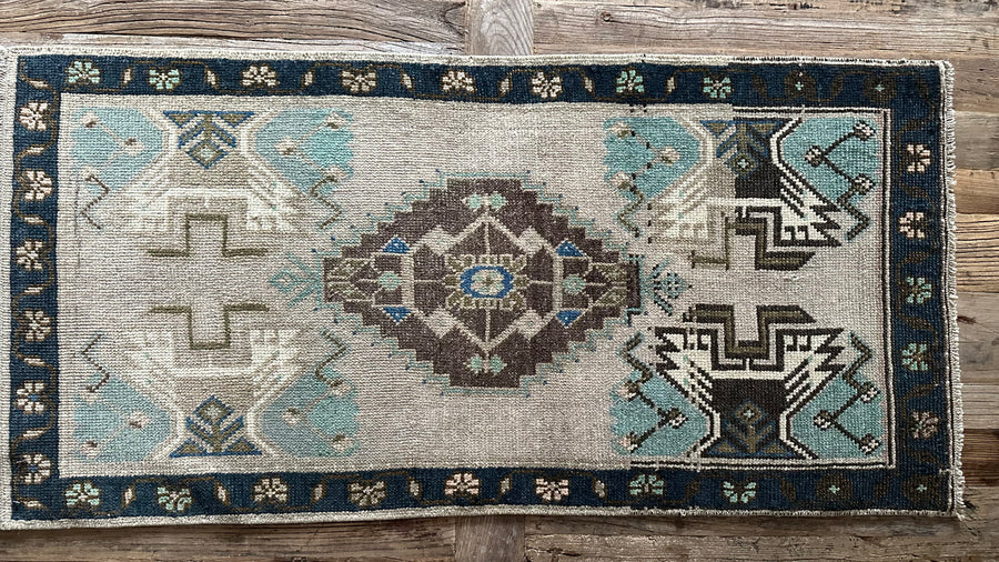 1’9 x 3’7 Antique Turkish Rug Muted Sea Foam, Deep Teal, Gray and Brown