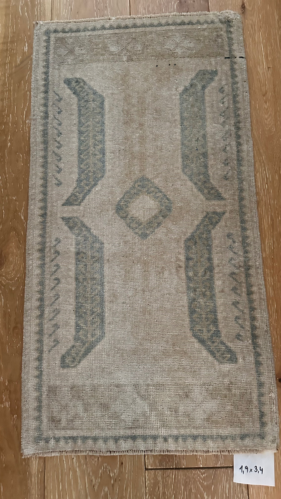 1’9 x 3’4 Antique Turkish Rug Muted Sea Foam, Beige and Camel