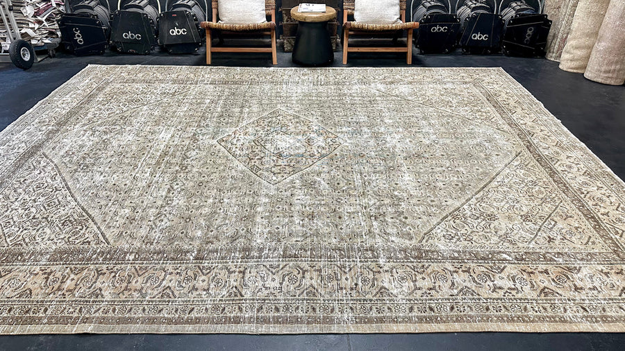 9’7  x 12’6 Classic Vintage Rug Muted Gray, Warm Beige, Brown + Green
