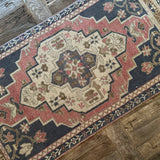 1’9 x 3’5 Vintage Taspinar Rug Muted Navy, Rose & Beige '5391