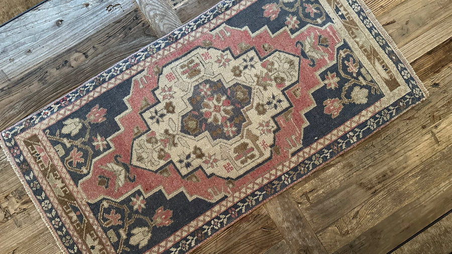 1’9 x 3’5 Vintage Taspinar Rug Muted Navy, Rose & Beige