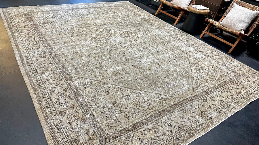 9’7  x 12’6 Classic Vintage Rug Muted Gray, Warm Beige, Brown + Green