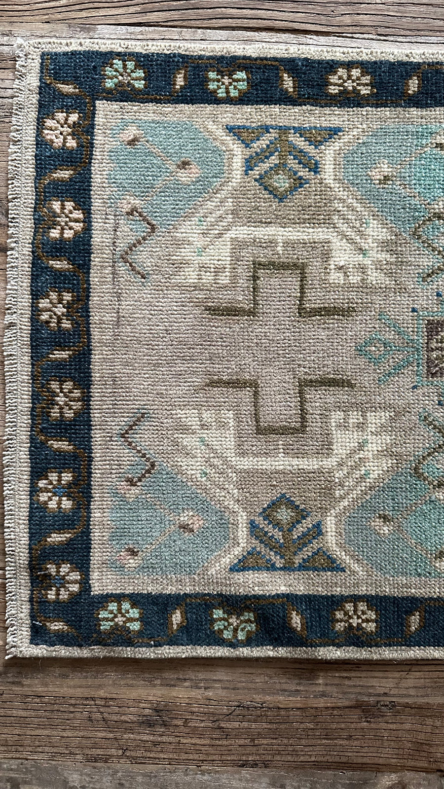 1’9 x 3’7 Antique Turkish Rug Muted Sea Foam, Deep Teal, Gray and Brown