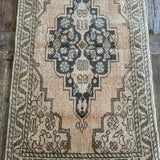 1’8 x 3’1 Vintage Oushak Rug Muted Blush Beige, Navy & Sea Foam