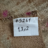 1’3 x 2’ Antique Kars Small Rug Muted  Camel Beige & Pink Roses