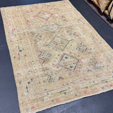 4’3 x 6’6  Classic Antique Rug Muted Khaki Beige, Green & Red