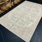 6’4 x 10’1 Vintage Oushak Rug Muted Beige, Green & Light Brown