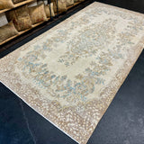 6’ x 11’4 Vintage Oushak Rug Muted Beige, Turquoise Blue & Camel Brown