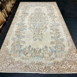 6’ x 11’4 Vintage Oushak Rug Muted Beige, Turquoise Blue & Camel Brown