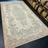 6’ x 11’4 Vintage Oushak Rug Muted Beige, Turquoise Blue & Camel Brown