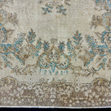 6’ x 11’4 Vintage Oushak Rug Muted Beige, Turquoise Blue & Camel Brown