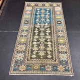 3’4 x 6’2 Classic Vintage Rug Denim Blue, Brown, Mocha & Chartreuse  5742