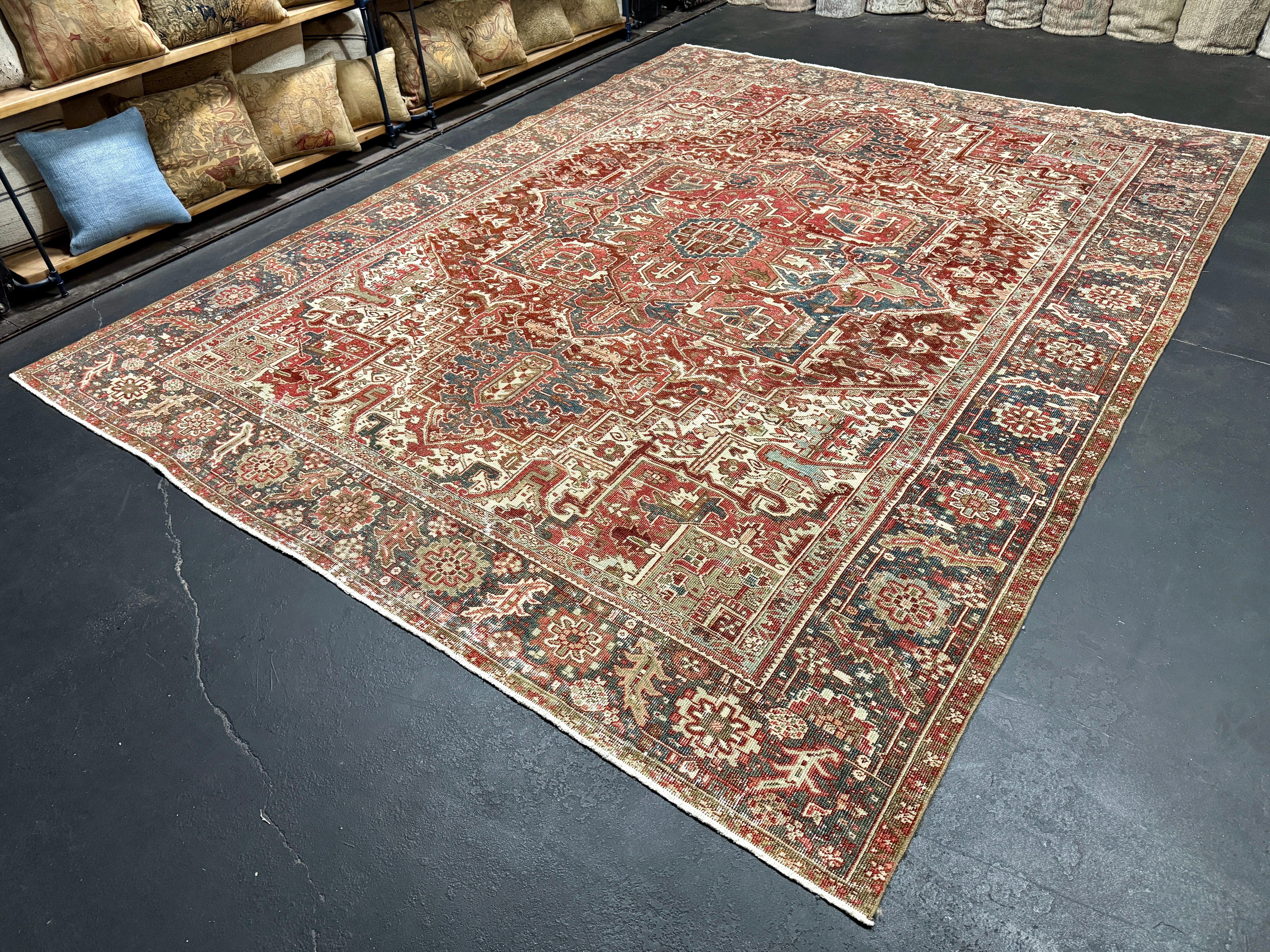 8’10 x 11’6 Classic Vintage Rug Muted Oxblood Red, Blue, Cream & Green 5753 Linda's Barn