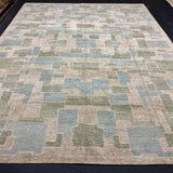 9’ x 12’ Distressed Silk Swedish Rug Blue, Green & Stone LB13