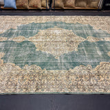 8’ x 11’6 Classic Vintage Rug Muted Teal Green, Beige + Black 5762