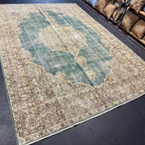 8’ x 11’6 Classic Vintage Rug Muted Teal Green, Beige + Black 5762