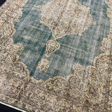 8’ x 11’6 Classic Vintage Rug Muted Teal Green, Beige + Black 5762