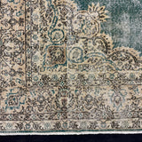 8’ x 11’6 Classic Vintage Rug Muted Teal Green, Beige + Black 5762