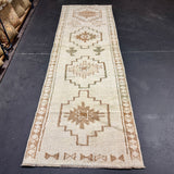 3’4 x 10’6 Vintage Herki Runner Cream & Light Brown + Green 4991
