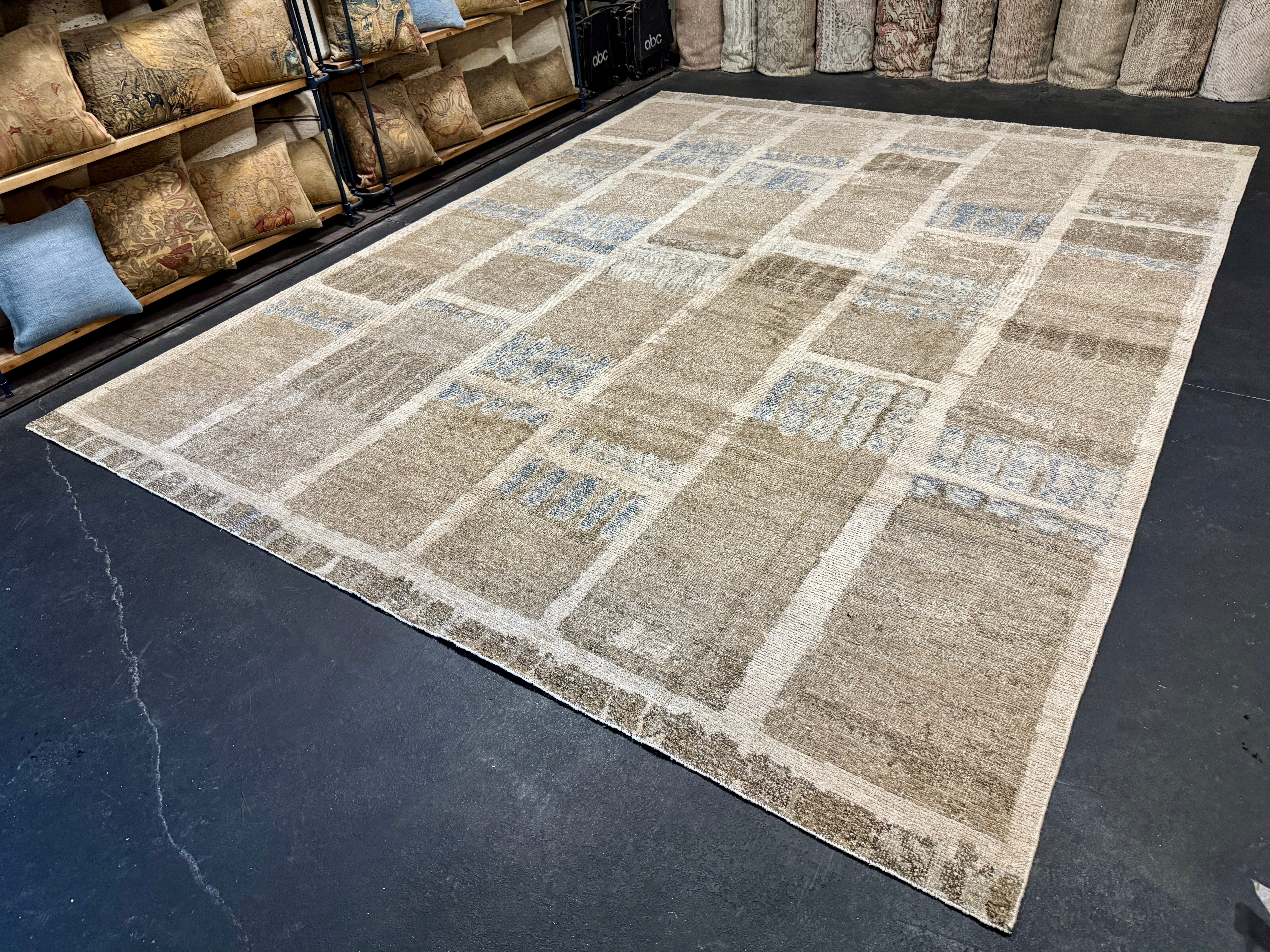 9’3 x 12’ Swedish Style Rug Pure Distressed Silk, Organic Wool + Allo Muted Taupe, Camel, Denim & Silver LB31 Linda's Barn
