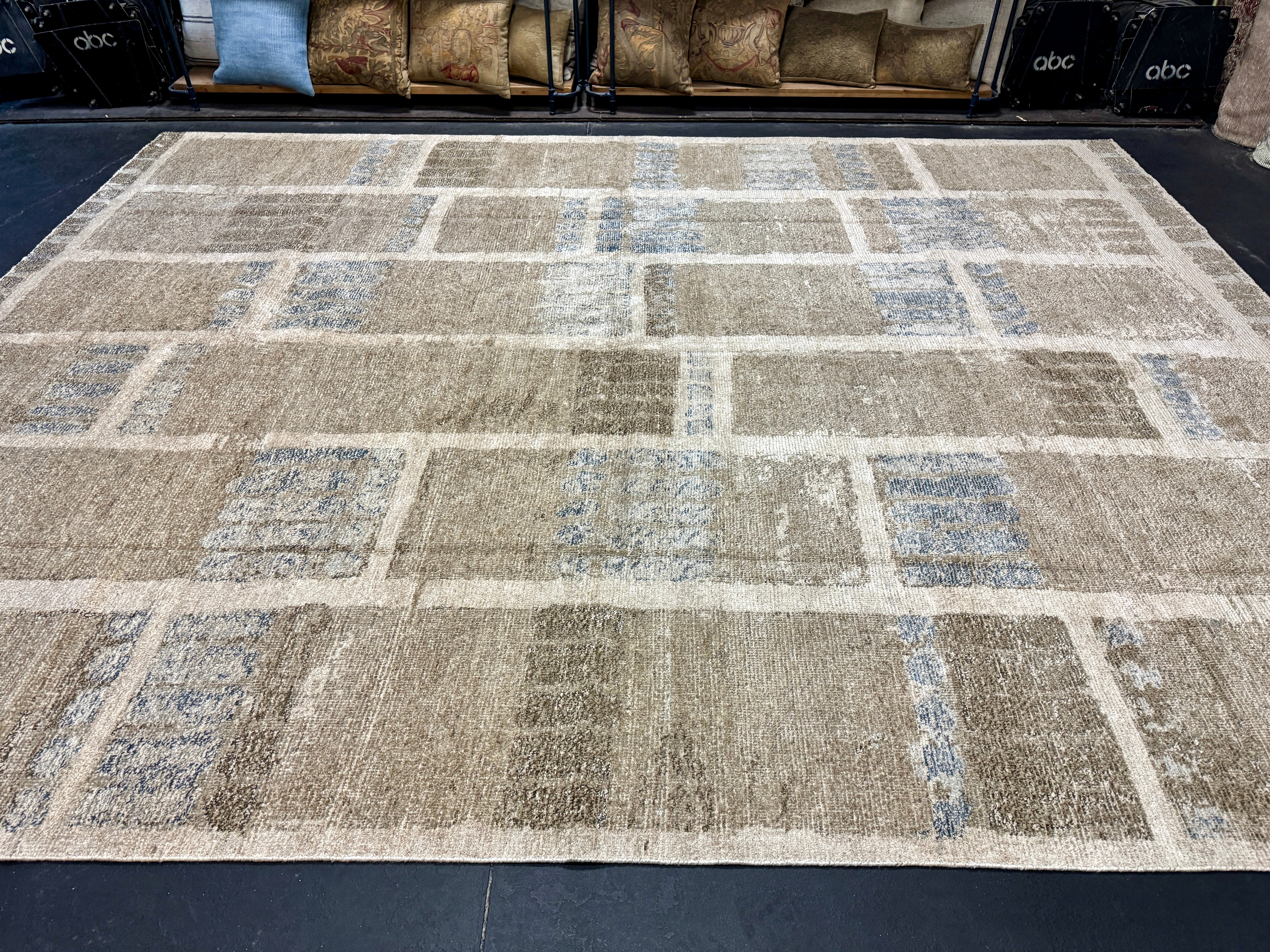 9’3 x 12’ Swedish Style Rug Pure Distressed Silk, Organic Wool + Allo Muted Taupe, Camel, Denim & Silver LB31 Linda's Barn