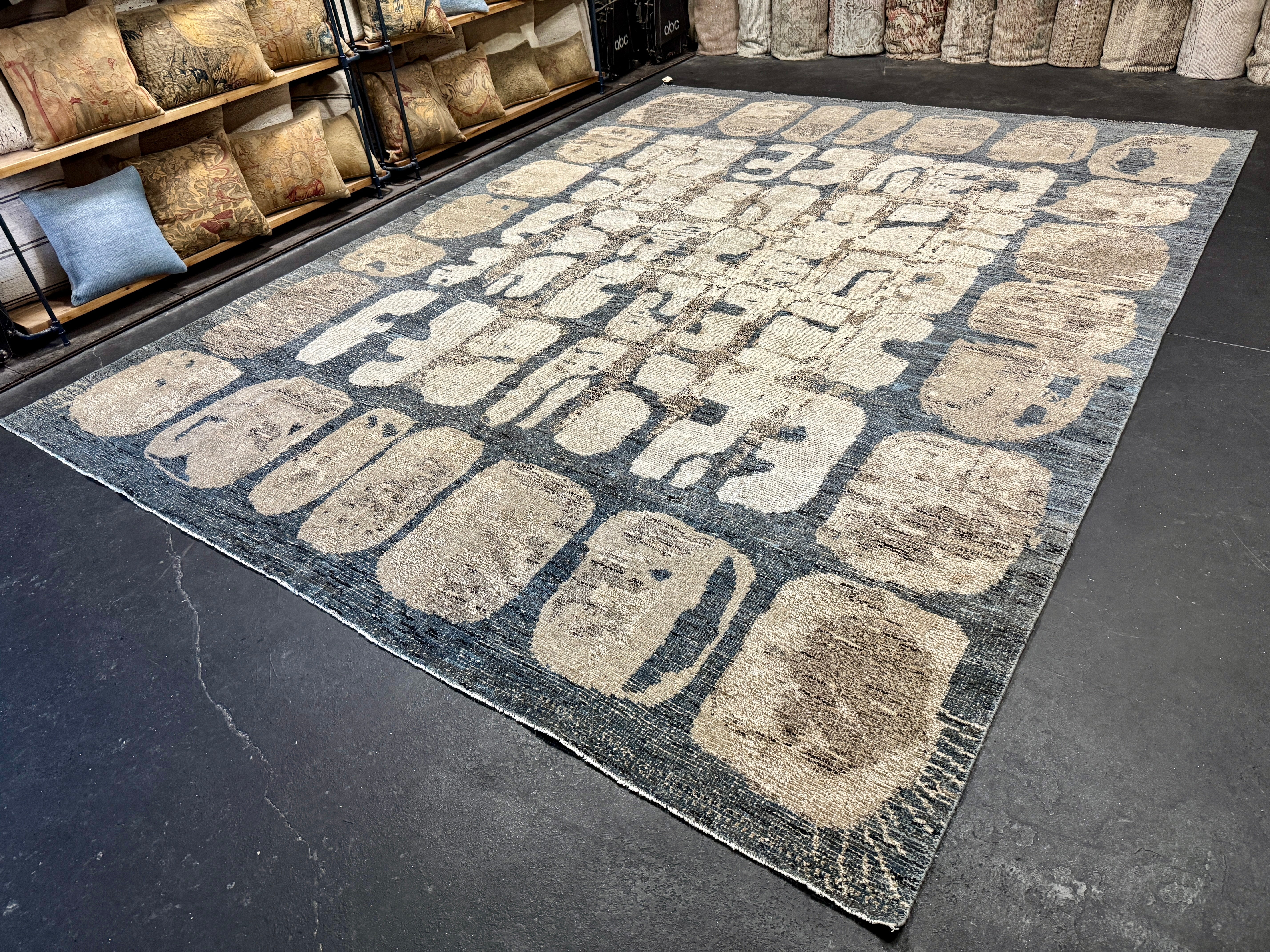 9’4 x 12’3 Swedish Style Rug Pure Distressed Silk, Organic Wool + Allo Muted Midnight Blue, Taupe & Beige LB30 Linda's Barn