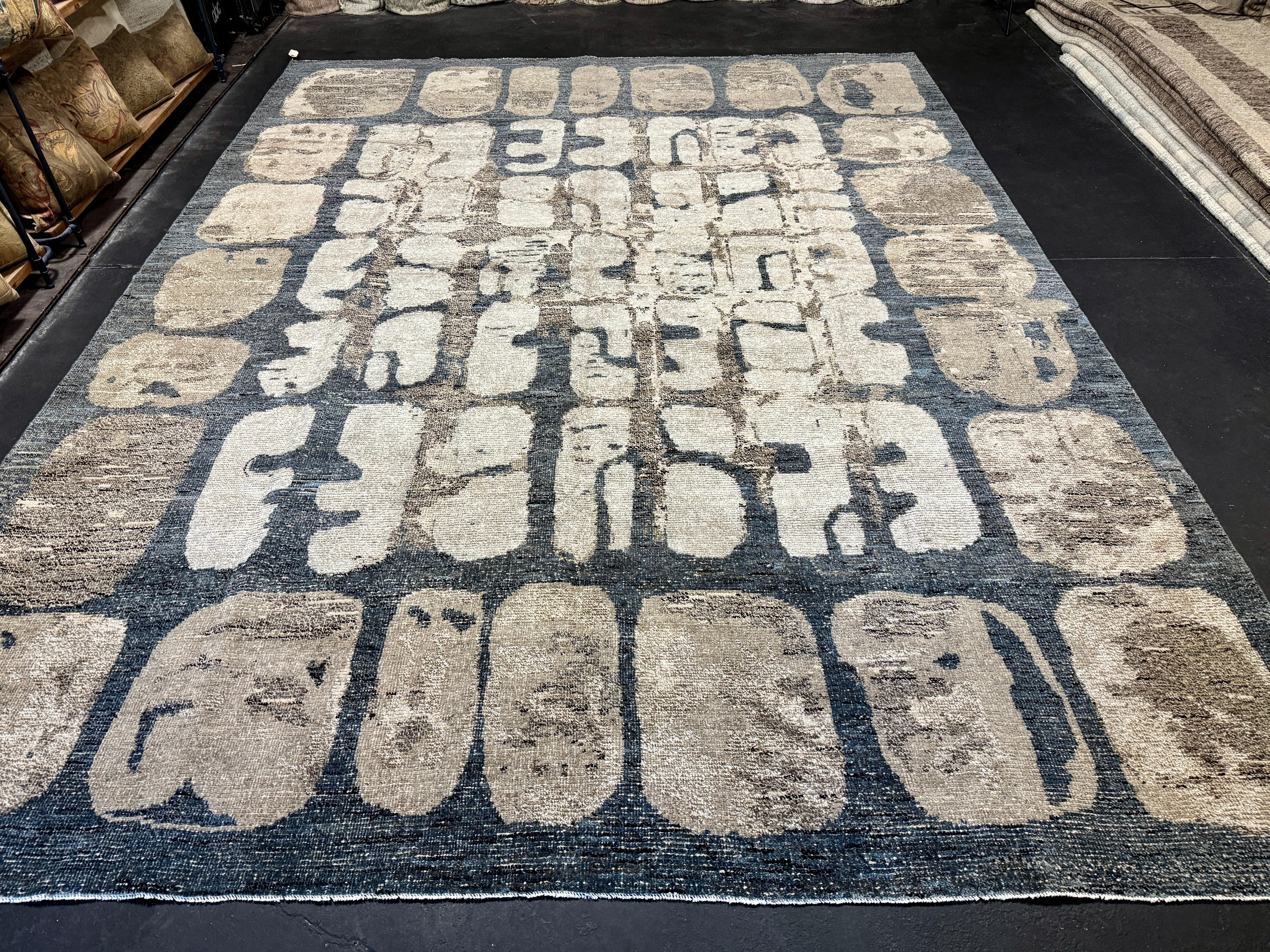 9’4 x 12’3 Swedish Style Rug Pure Distressed Silk, Organic Wool + Allo Muted Midnight Blue, Taupe & Beige LB30 Linda's Barn