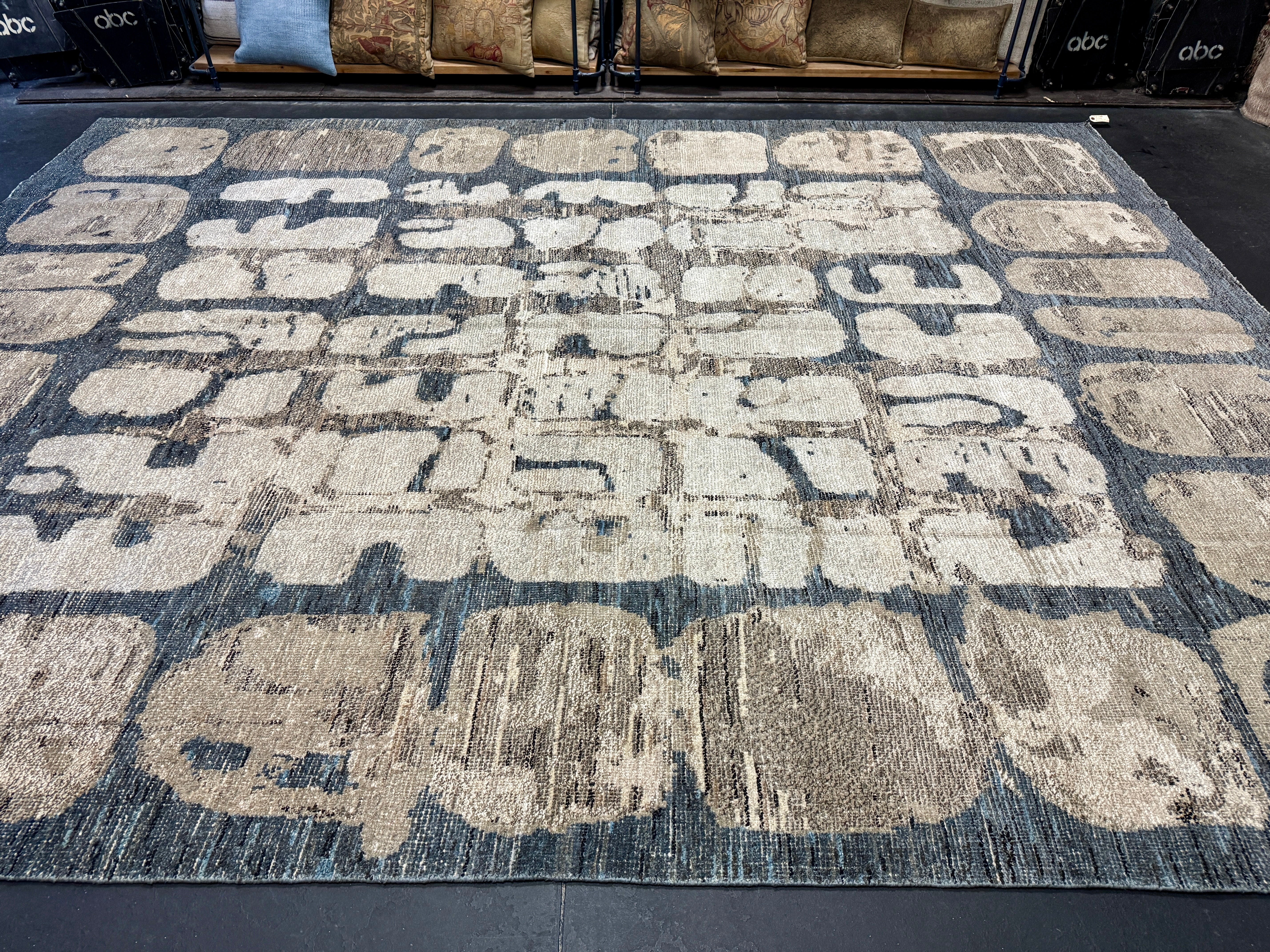 9’4 x 12’3 Swedish Style Rug Pure Distressed Silk, Organic Wool + Allo Muted Midnight Blue, Taupe & Beige LB30 Linda's Barn
