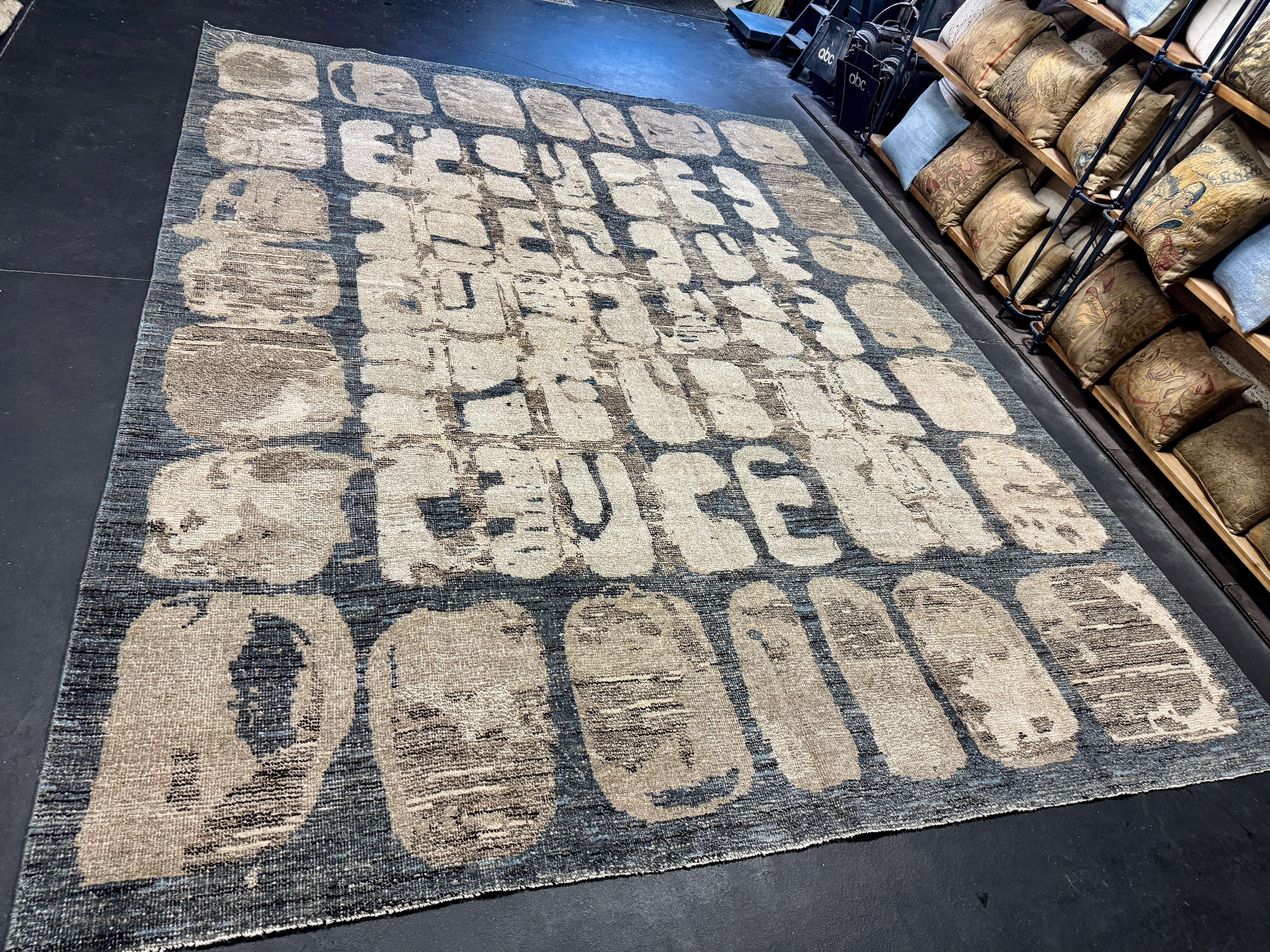 9’4 x 12’3 Swedish Style Rug Pure Distressed Silk, Organic Wool + Allo Muted Midnight Blue, Taupe & Beige LB30 Linda's Barn