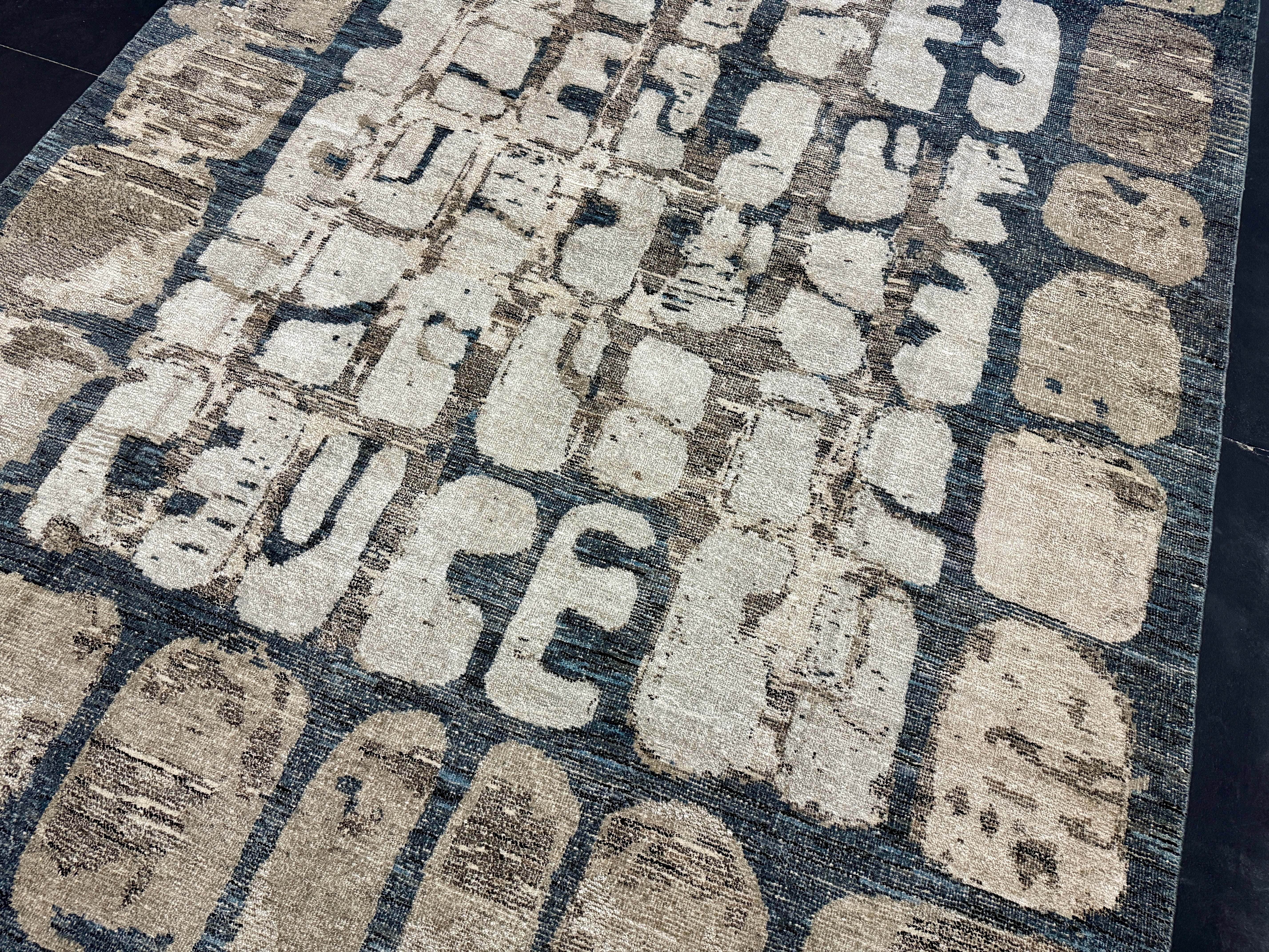 9’4 x 12’3 Swedish Style Rug Pure Distressed Silk, Organic Wool + Allo Muted Midnight Blue, Taupe & Beige LB30 Linda's Barn