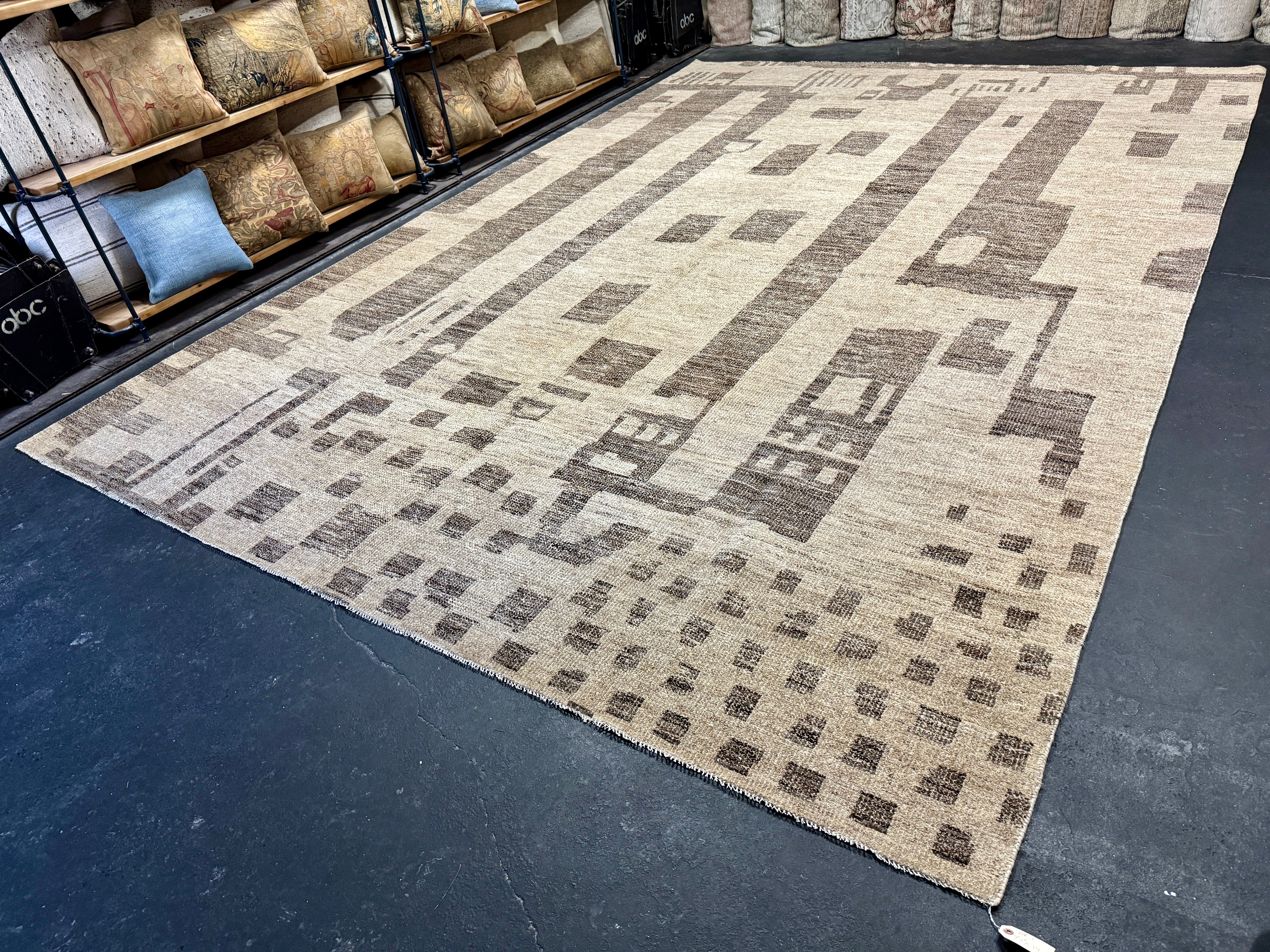 9’7 x 14’ Stonewashed Silk, Wool + Allo Moroccan Design Rug Beige & Brown MR1 Linda's Barn
