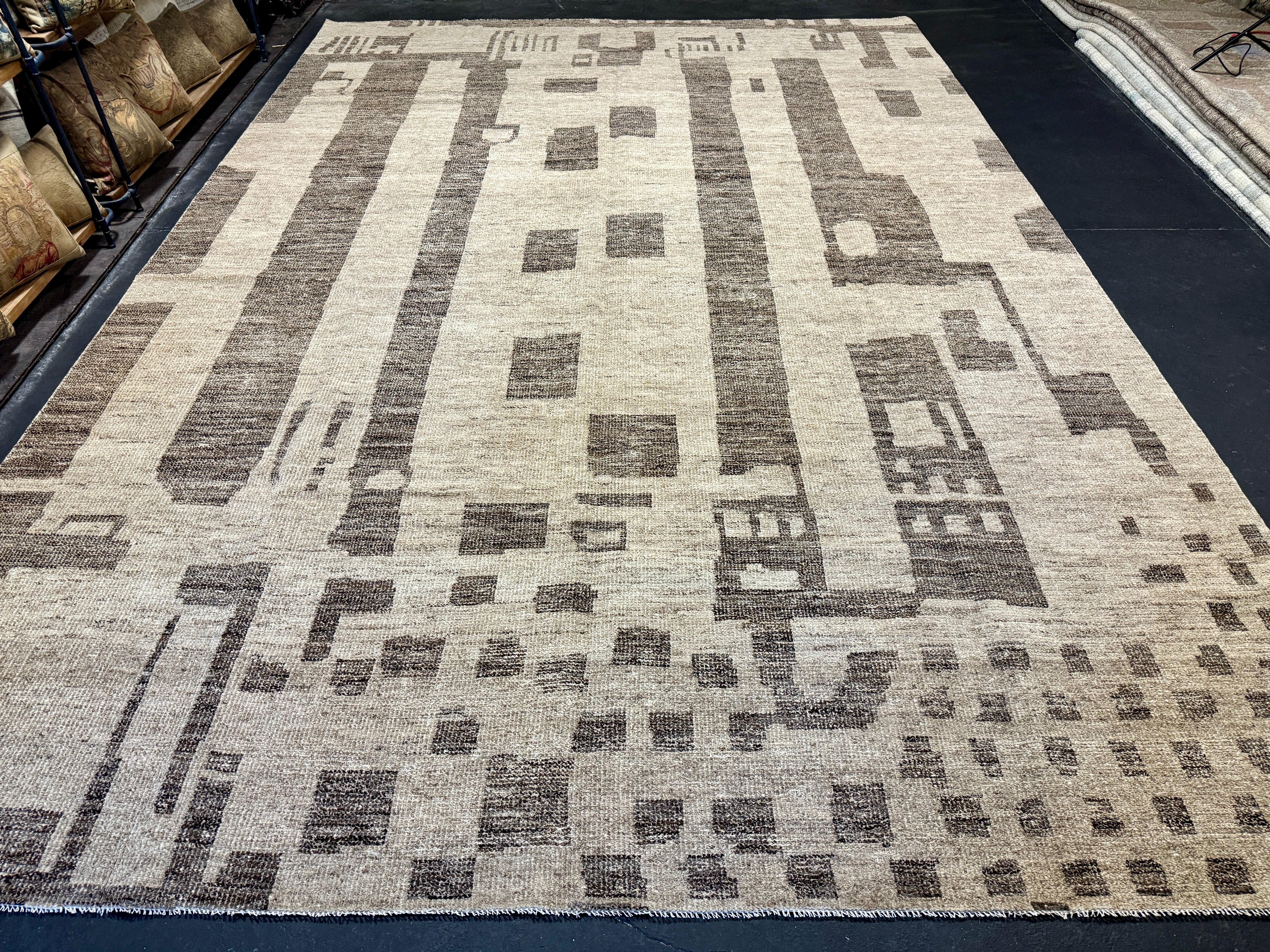 9’7 x 14’ Stonewashed Silk, Wool + Allo Moroccan Design Rug Beige & Brown MR1 Linda's Barn