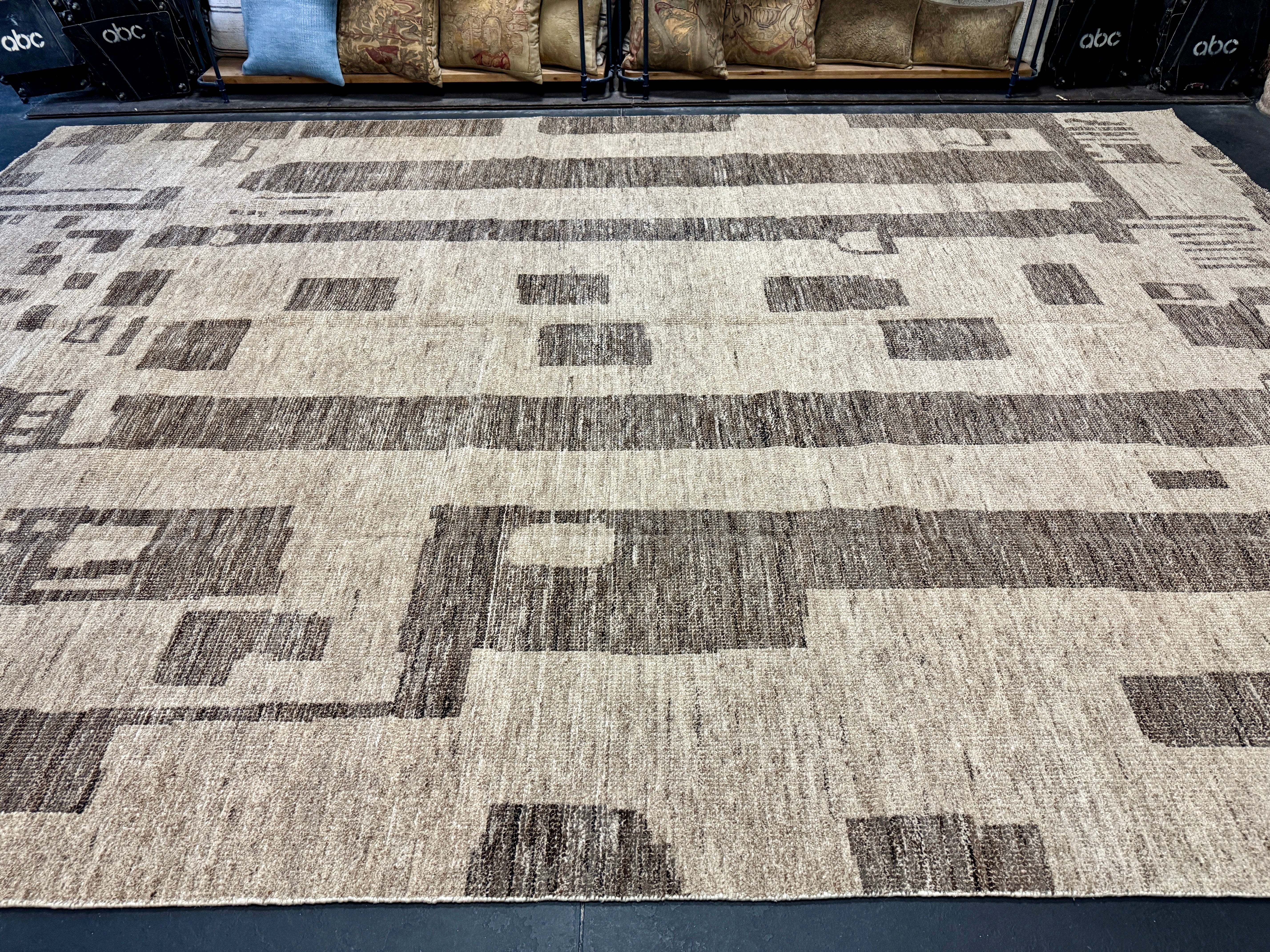 9’7 x 14’ Stonewashed Silk, Wool + Allo Moroccan Design Rug Beige & Brown MR1 Linda's Barn