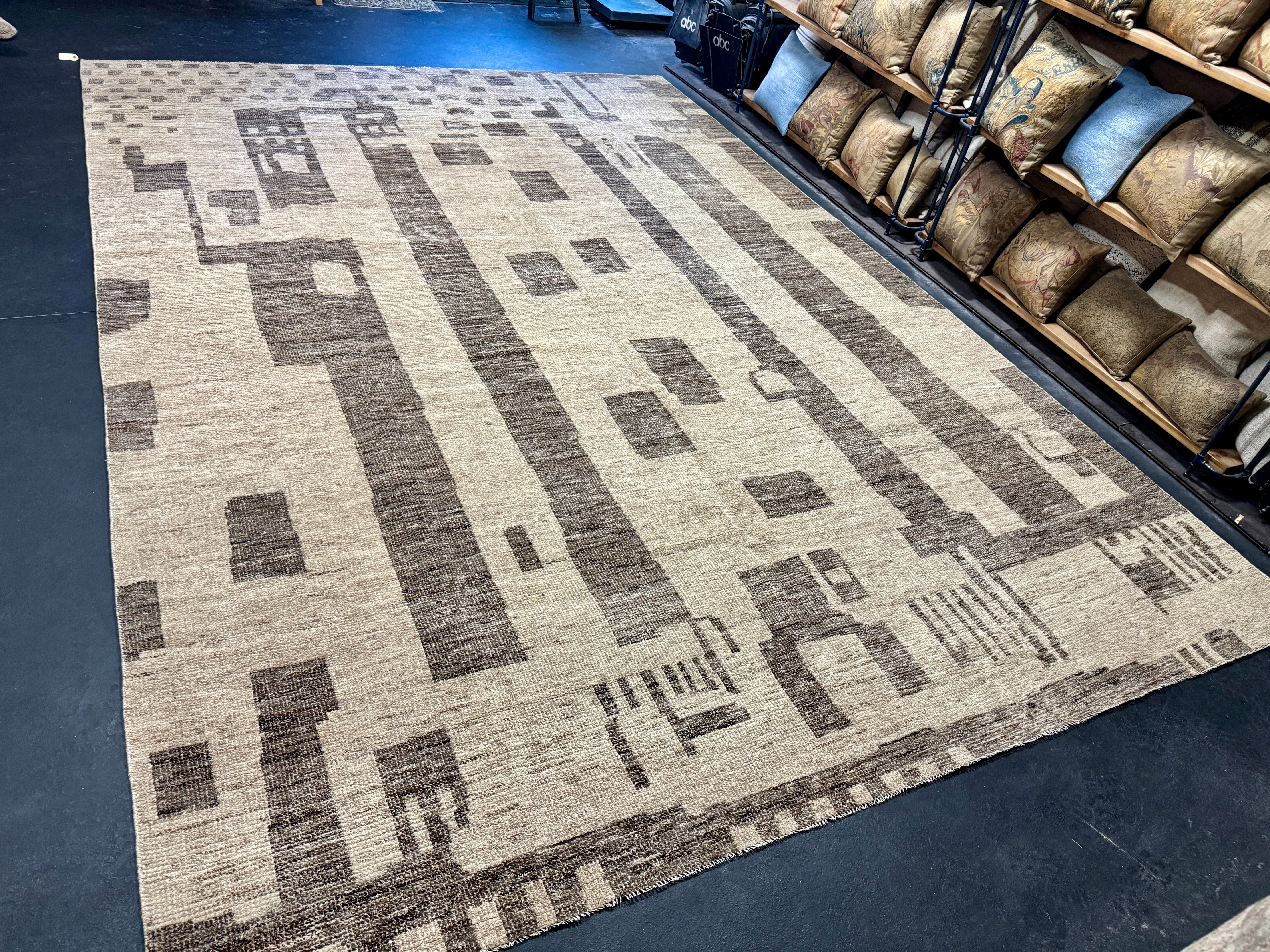 9’7 x 14’ Stonewashed Silk, Wool + Allo Moroccan Design Rug Beige & Brown MR1 Linda's Barn
