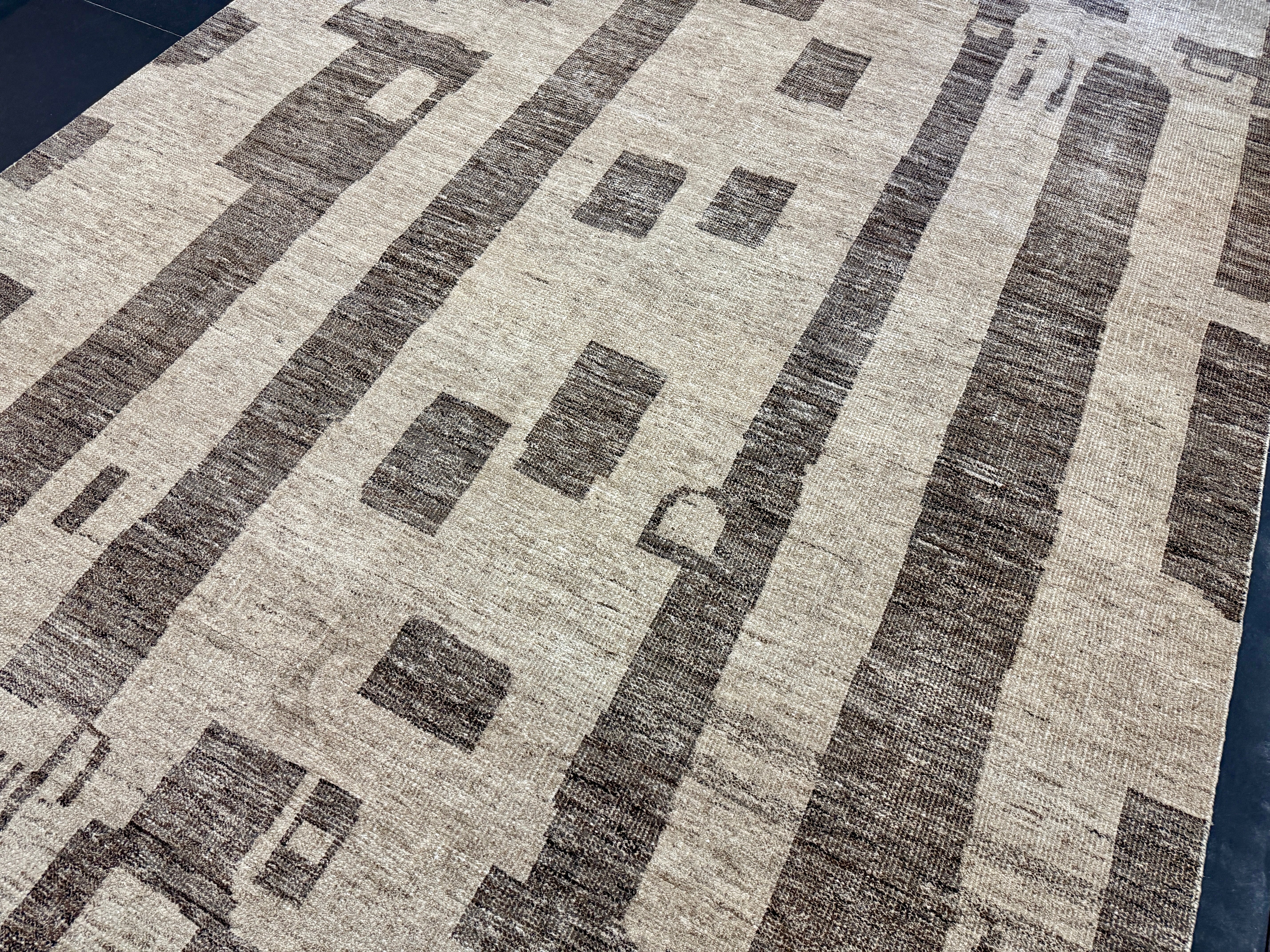 9’7 x 14’ Stonewashed Silk, Wool + Allo Moroccan Design Rug Beige & Brown MR1 Linda's Barn