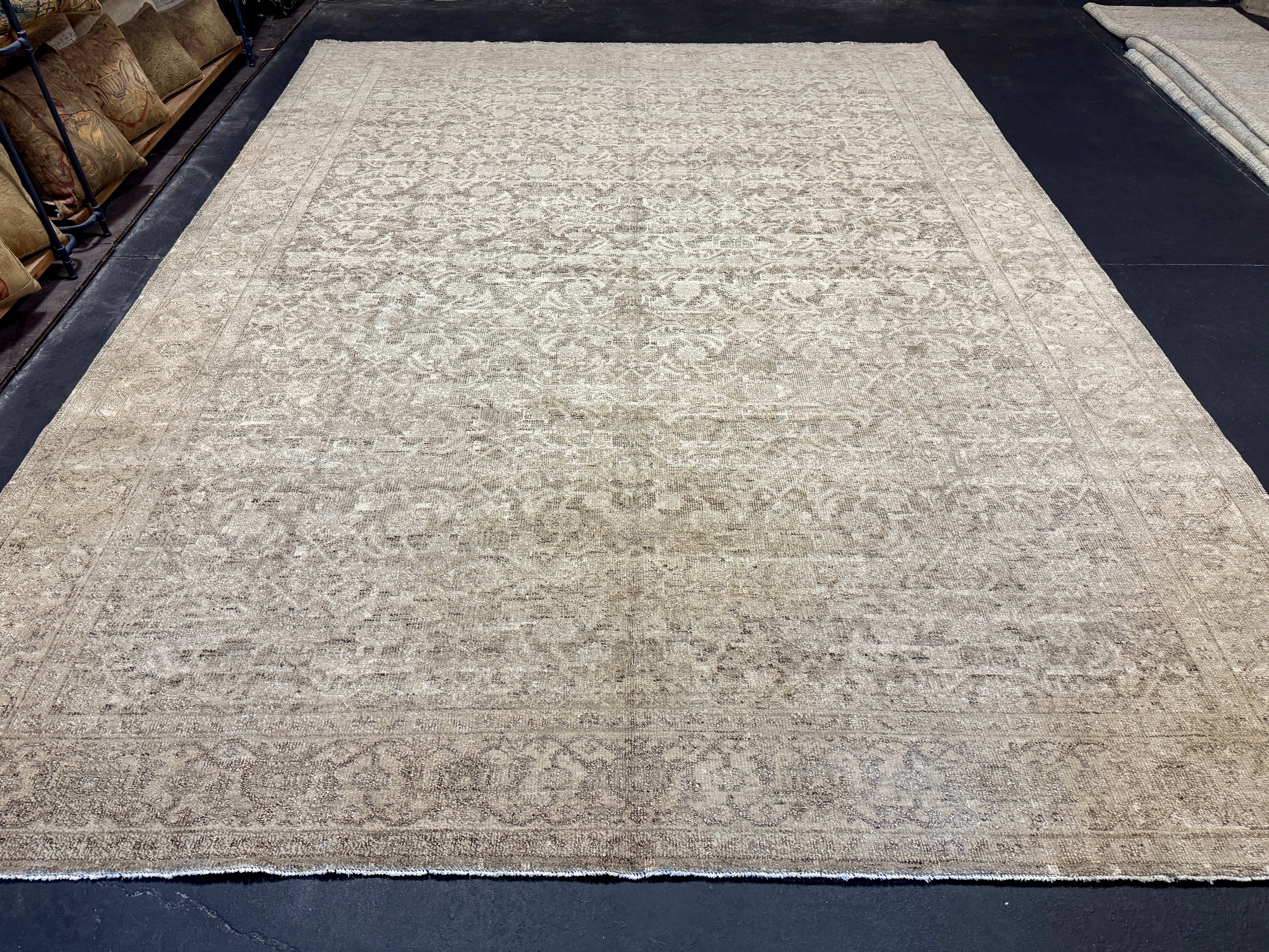 9’ x 11’11 Style Rug Pure Distressed Silk, Organic Wool + Allo Muted Stone Beige, Taupe & Charcoal LB23 Linda's Barn