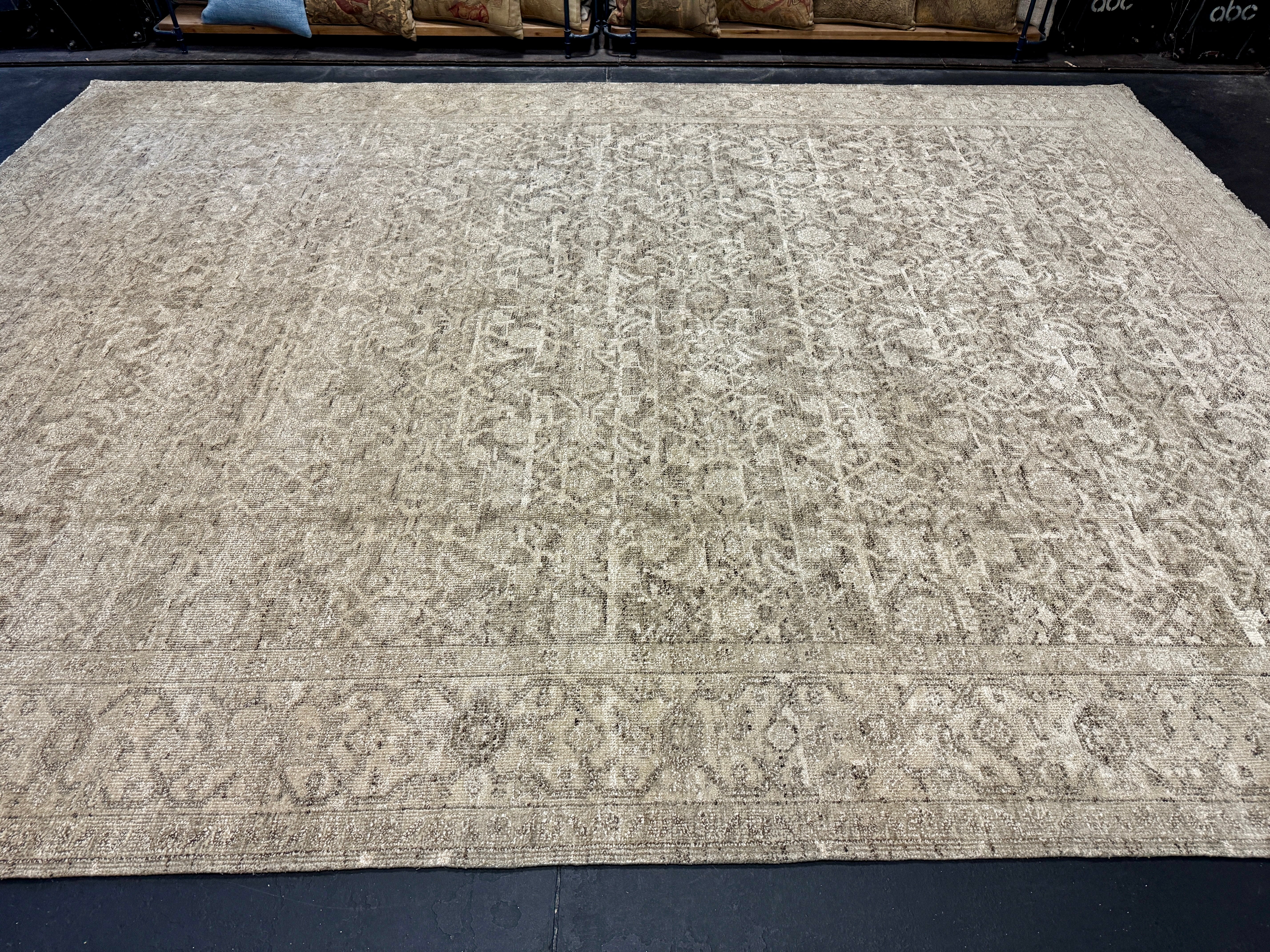 9’ x 11’11 Style Rug Pure Distressed Silk, Organic Wool + Allo Muted Stone Beige, Taupe & Charcoal LB23 Linda's Barn