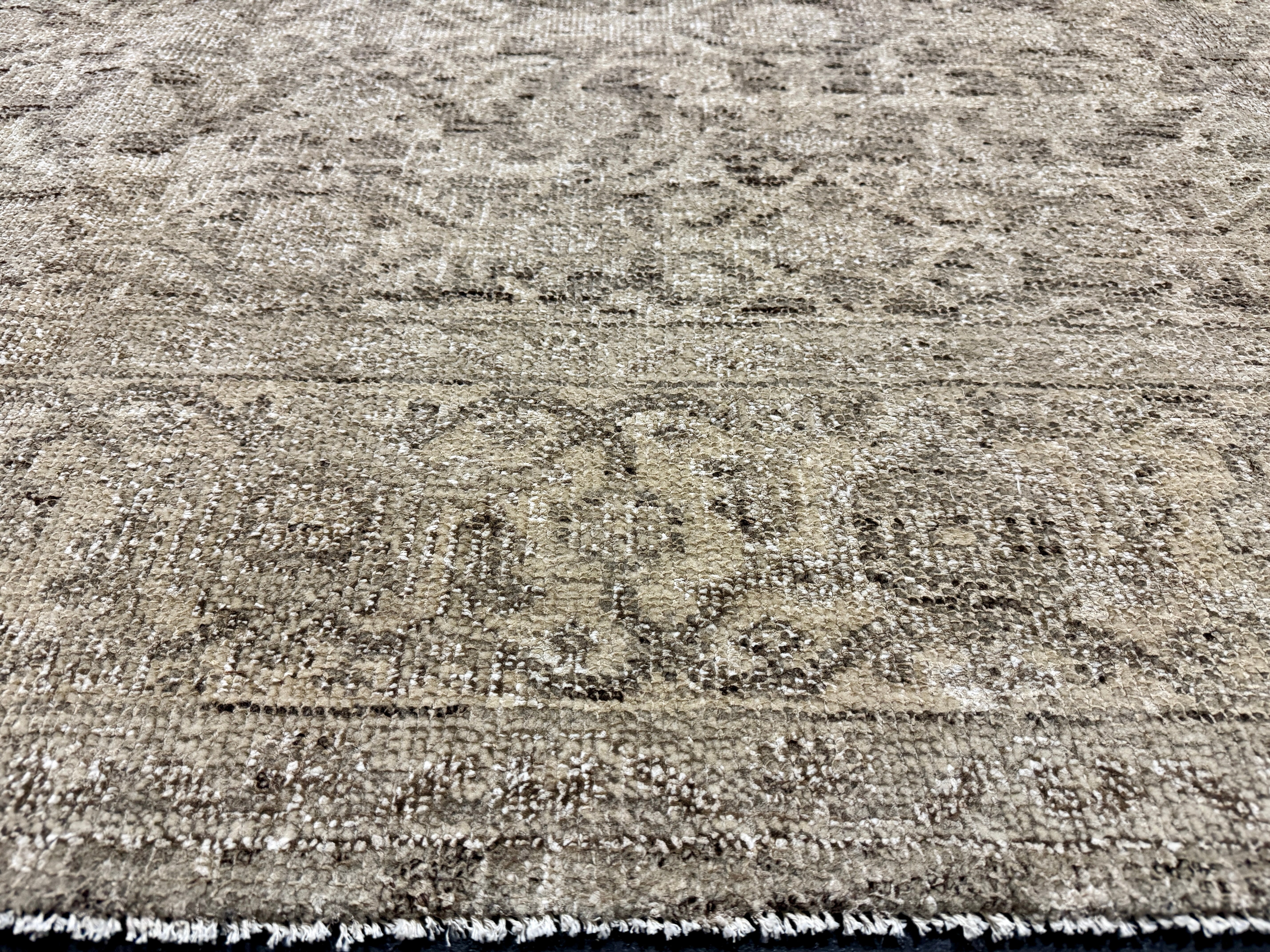 9’ x 11’11 Style Rug Pure Distressed Silk, Organic Wool + Allo Muted Stone Beige, Taupe & Charcoal LB23 Linda's Barn