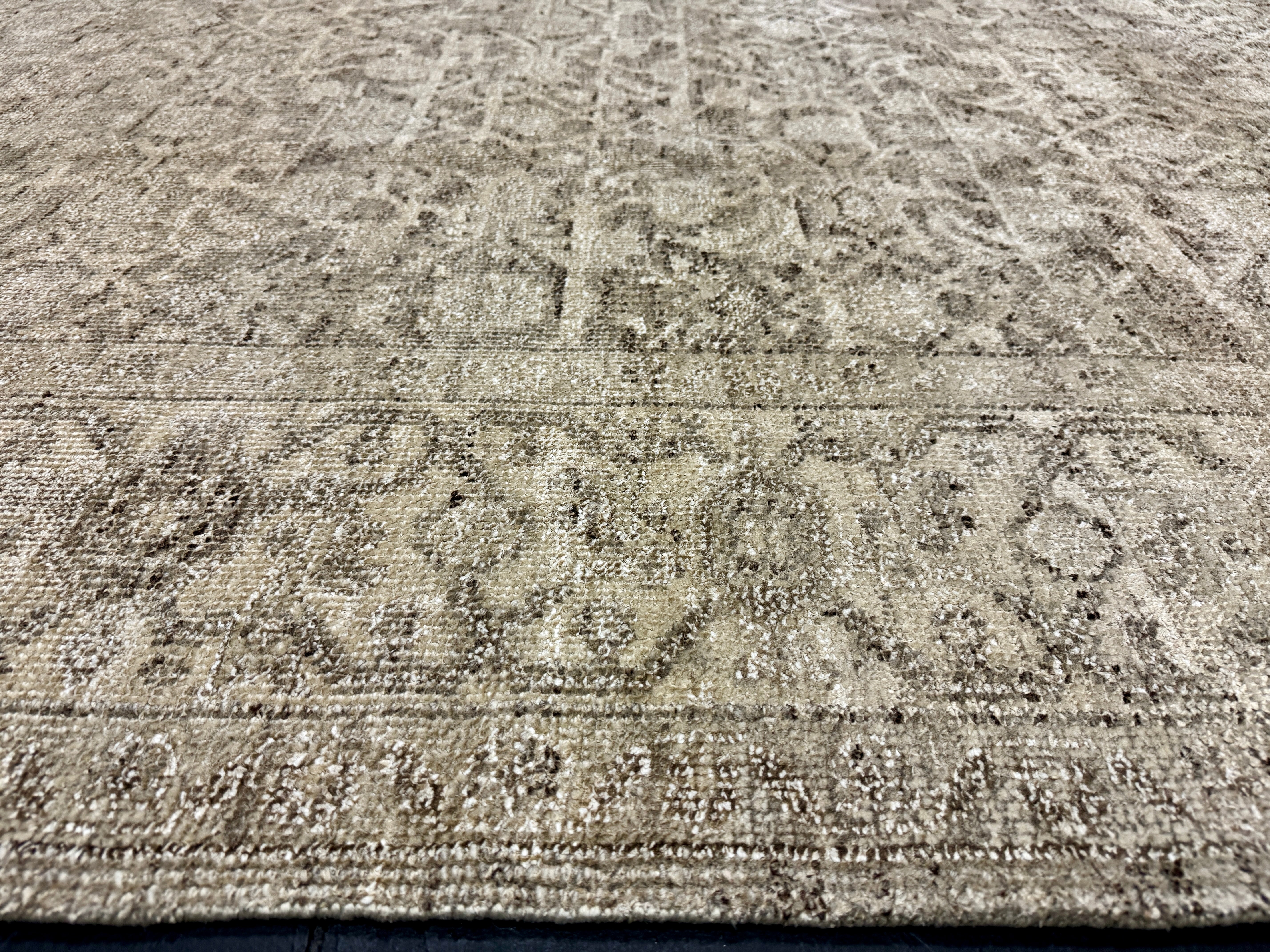 9’ x 11’11 Style Rug Pure Distressed Silk, Organic Wool + Allo Muted Stone Beige, Taupe & Charcoal LB23 Linda's Barn